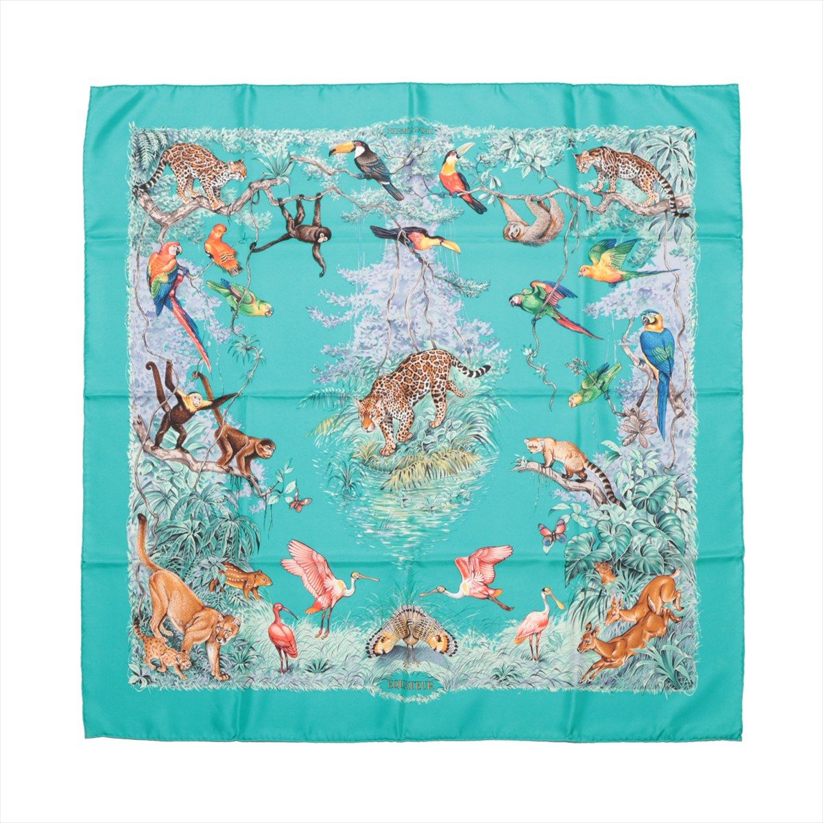 【中古】エルメス カレ90 EQUATEUR 赤道直下 スカーフ シルク エメラルドグリーン