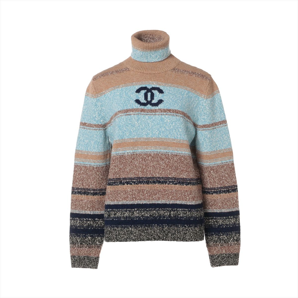 【中古】シャネル ココマーク 24年 羊毛×カシミール タートルネック編み物 38 レディース 青色×ベージュ  P77381K11233 ココネージュ