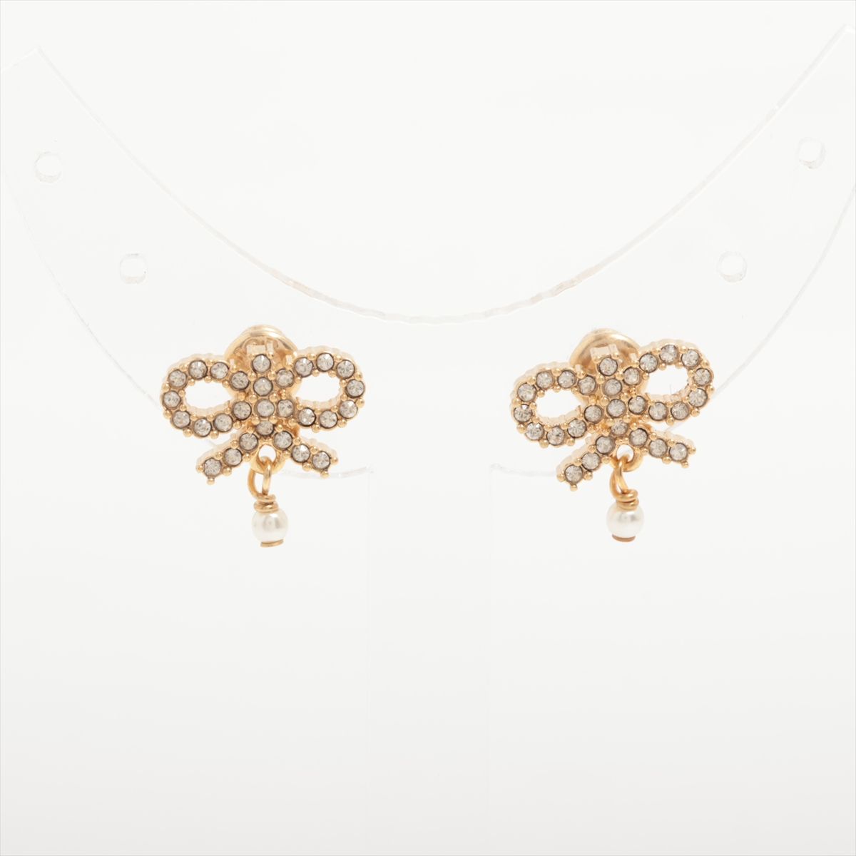 【中古】クリスチャンディオール Dior Tribales ディオール トライバル ピアス(両耳用) GP×ラインストーン×フェイクパール ゴールド リボン 本体にブランド刻印無