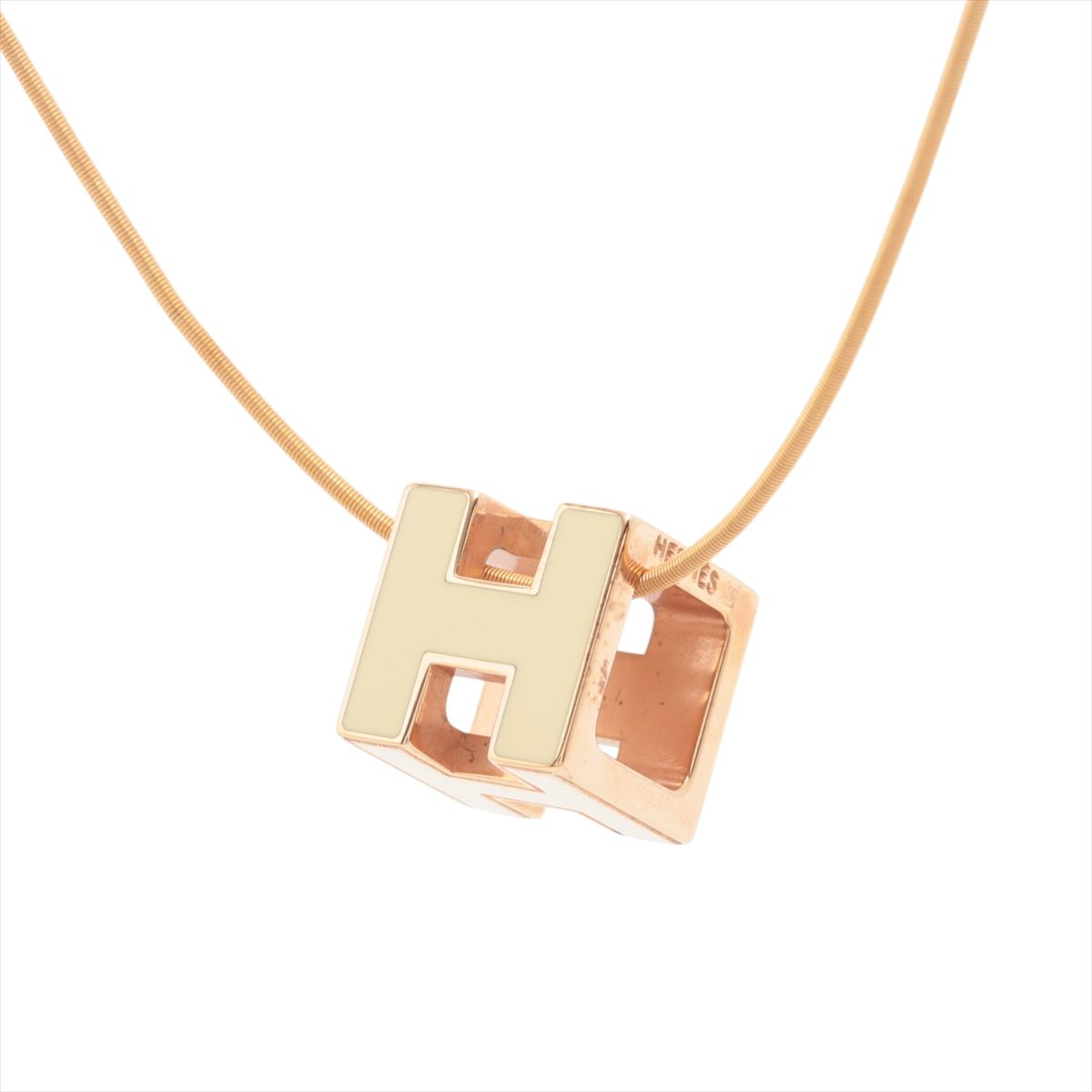 【中古】エルメス カージュドアッシュ Hキューブ ネックレス GP ローズゴールド×アイボリー