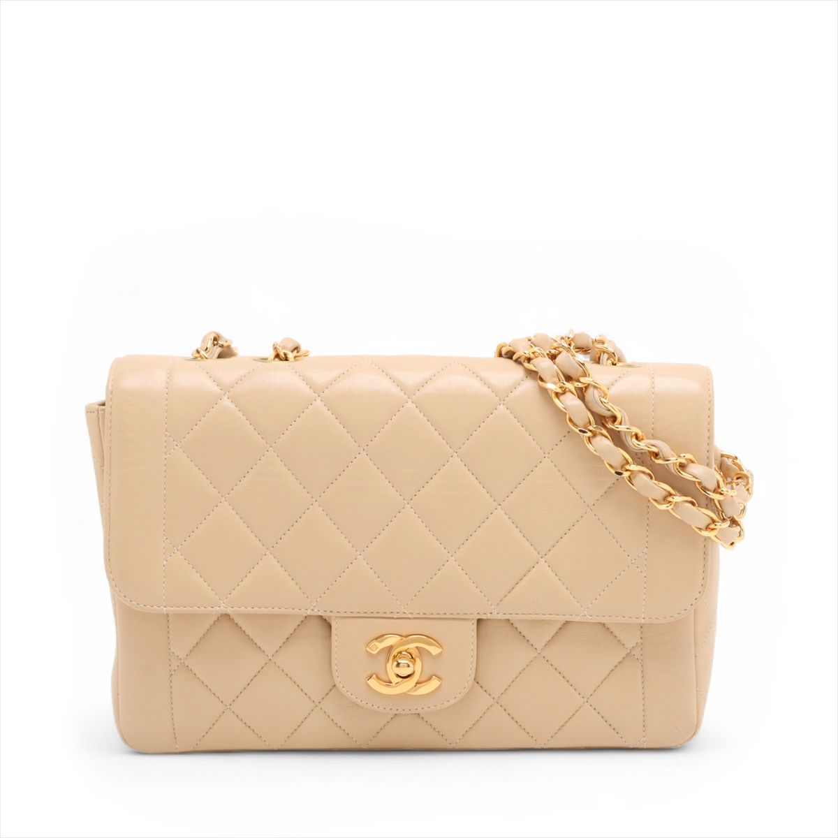 【中古】シャネル マトラッセ ラムスキン シングルフラップ ダブルチェーンバッグ ベージュ ゴールド金具 シール無し｜ALLU 店