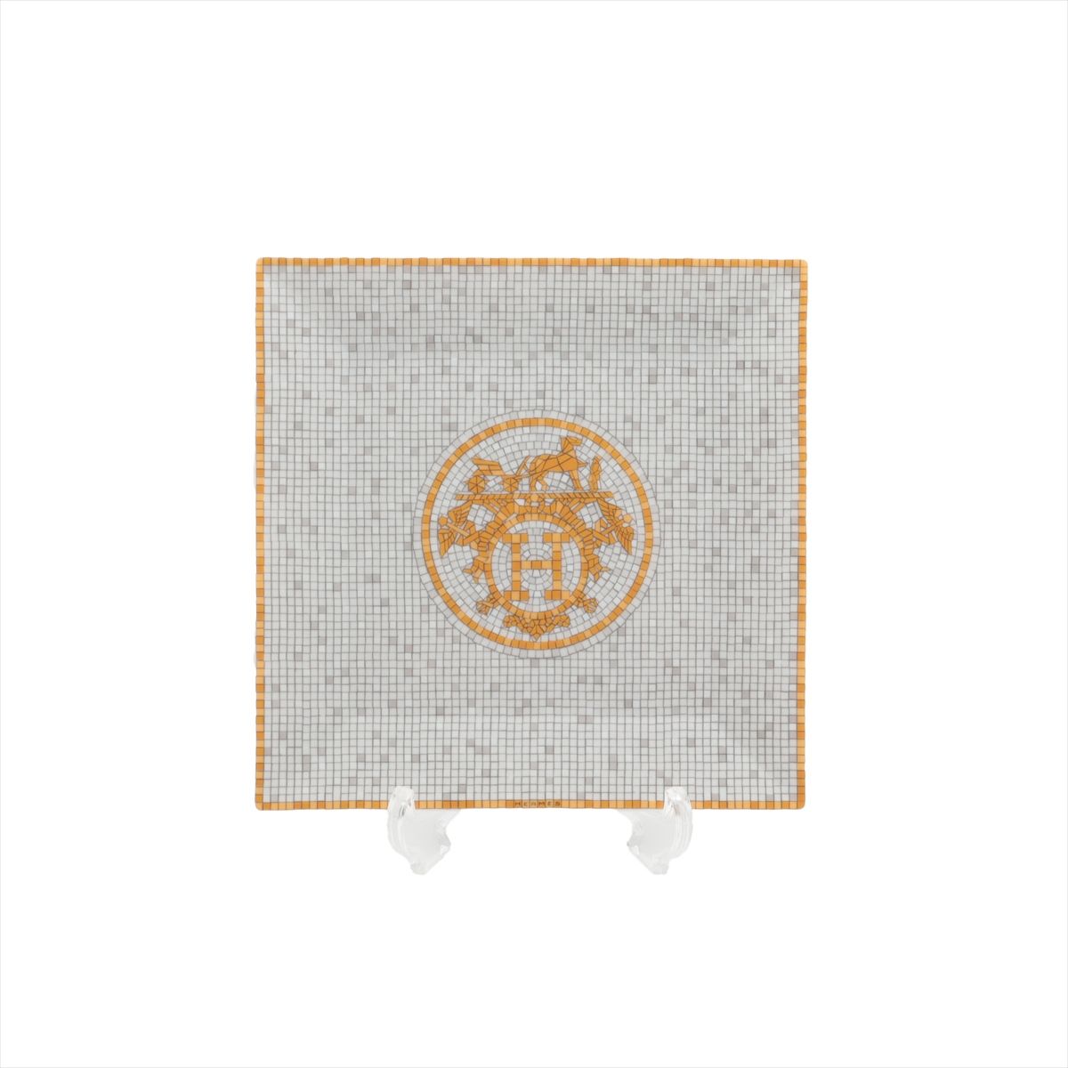 【中古】エルメス モザイック24 ゴールド 一皿 瀬戸もの 薄墨色×黄色  プチカレNo.3 底印「鳥」真四角一皿