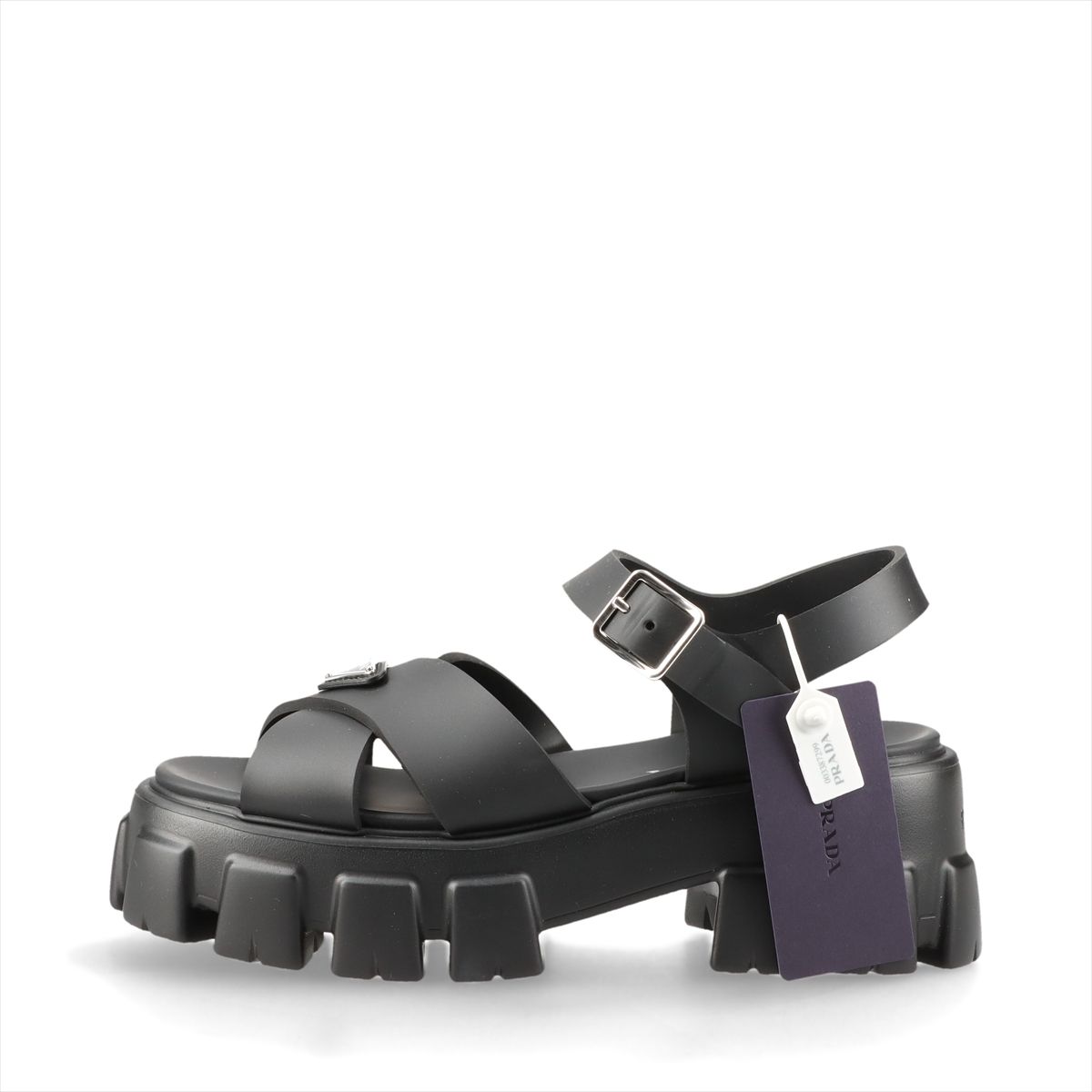 【中古】プラダ モノ木鼠 天然ゴム サンダル EU38 レディース 黒いこと ３角形ロゴタイプ 1X382N 箱あり