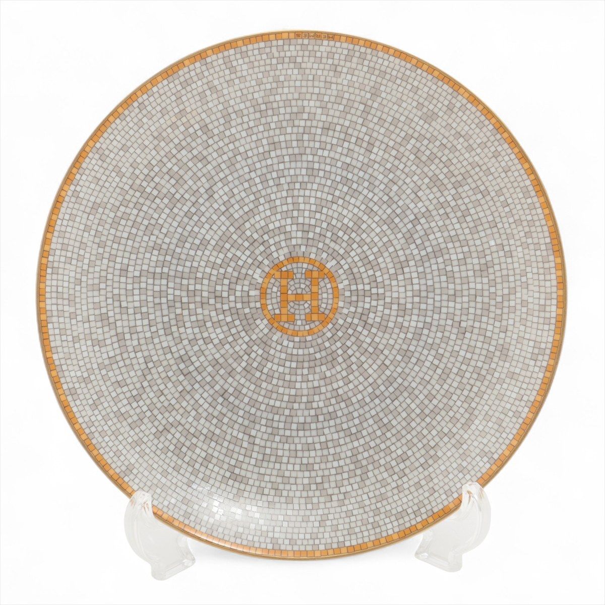 【中古】エルメス モザイック24 食麺麭一皿 瀬戸もの 薄墨色×黄色 印「制御装置」