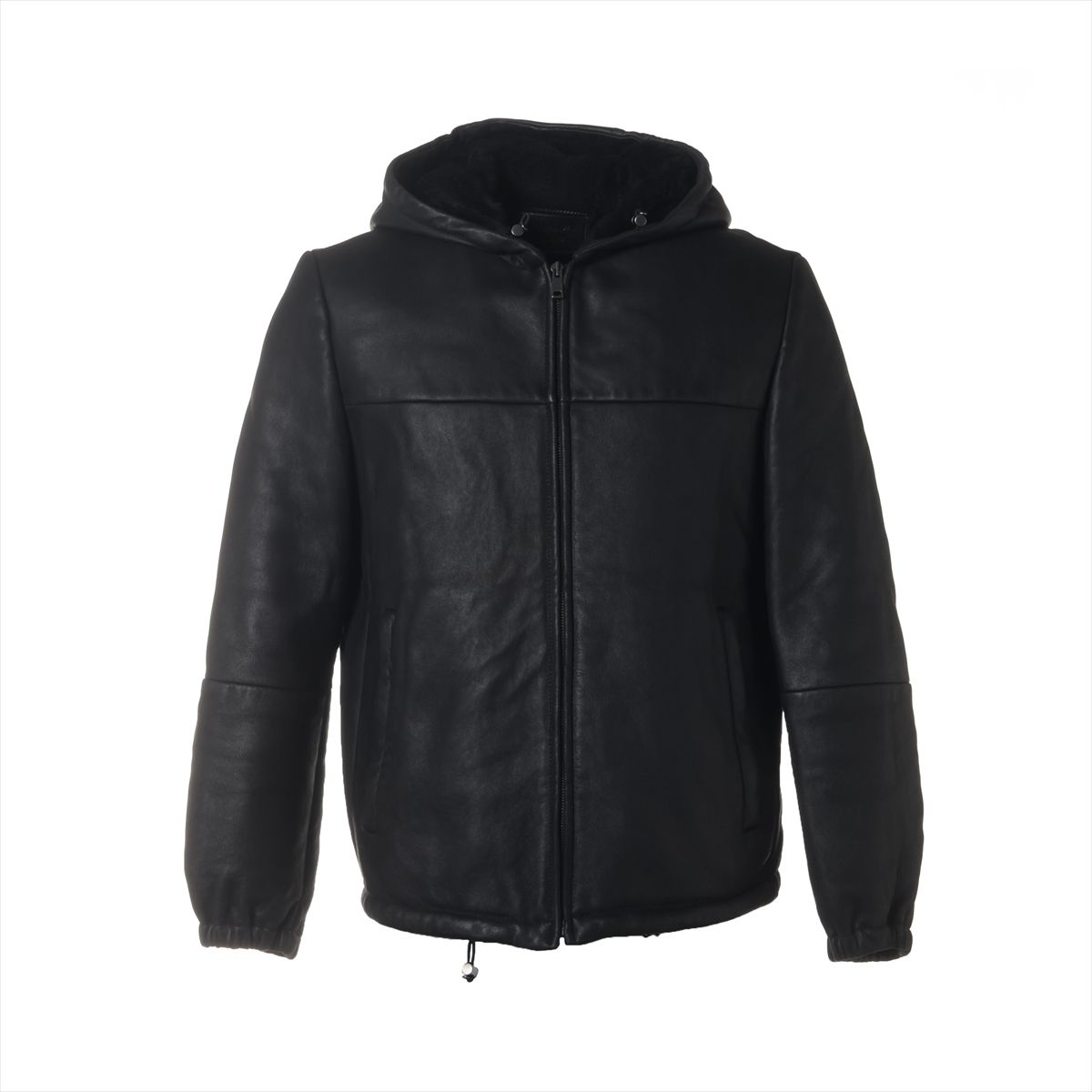 【中古】プラダ 20年 シープスキン なめし革上衣 44 メンズ 黒いこと  UPW334 内部ボア ボンネット付き添い人