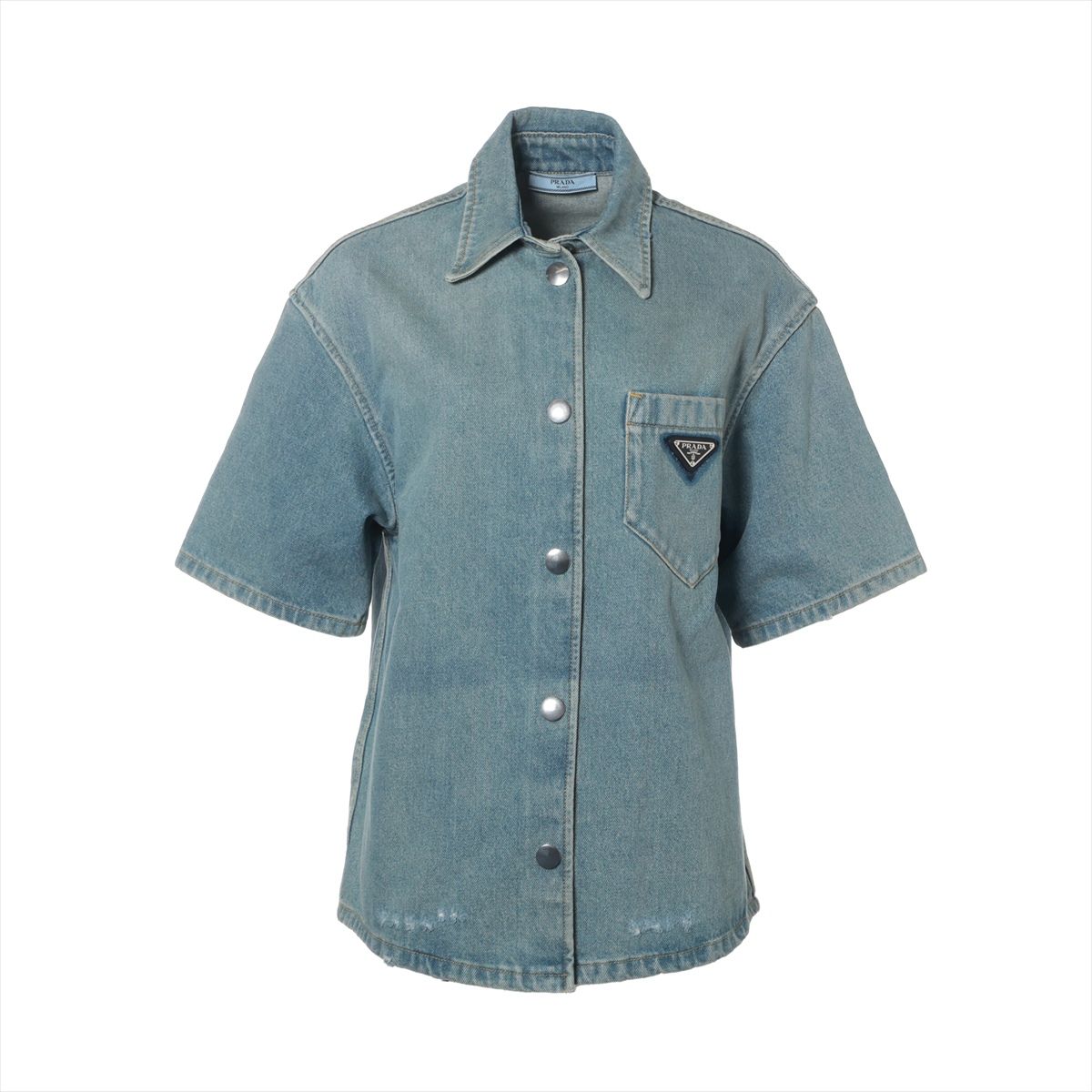 【中古】プラダ ３角形ロゴタイプ 21AW 綿織物 ジーンズプルオーバー 40 レディース 青碧  GFC037 半袖 不都合工業