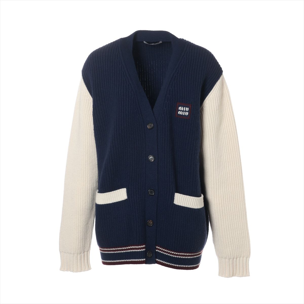 【中古】ミュウミュウ 24年 羊毛×カシミール ジレー 36 レディース 米国海軍×象牙色  MMF933 ロゴタイプ刺・墸 大層らしい大いさ 編み物