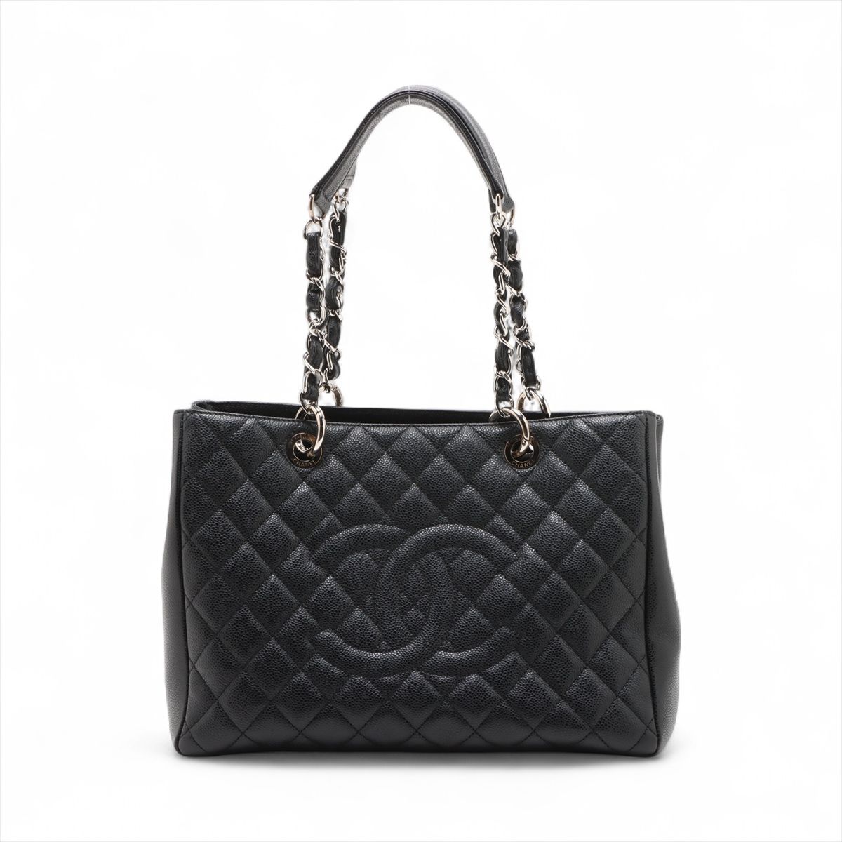 【中古】シャネル GST キャビア素はだ チェーントートバッグ 黒いこと しろがね色金具 14番台