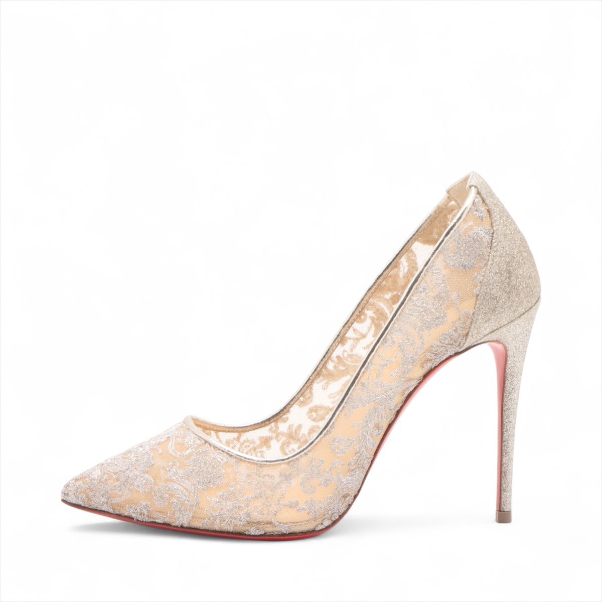 【中古】クリスチャンルブタン メッシュ×なめし革 パンプス 35 1/2 レディース しろがね色 FOLLIES LACE 100 グリッター