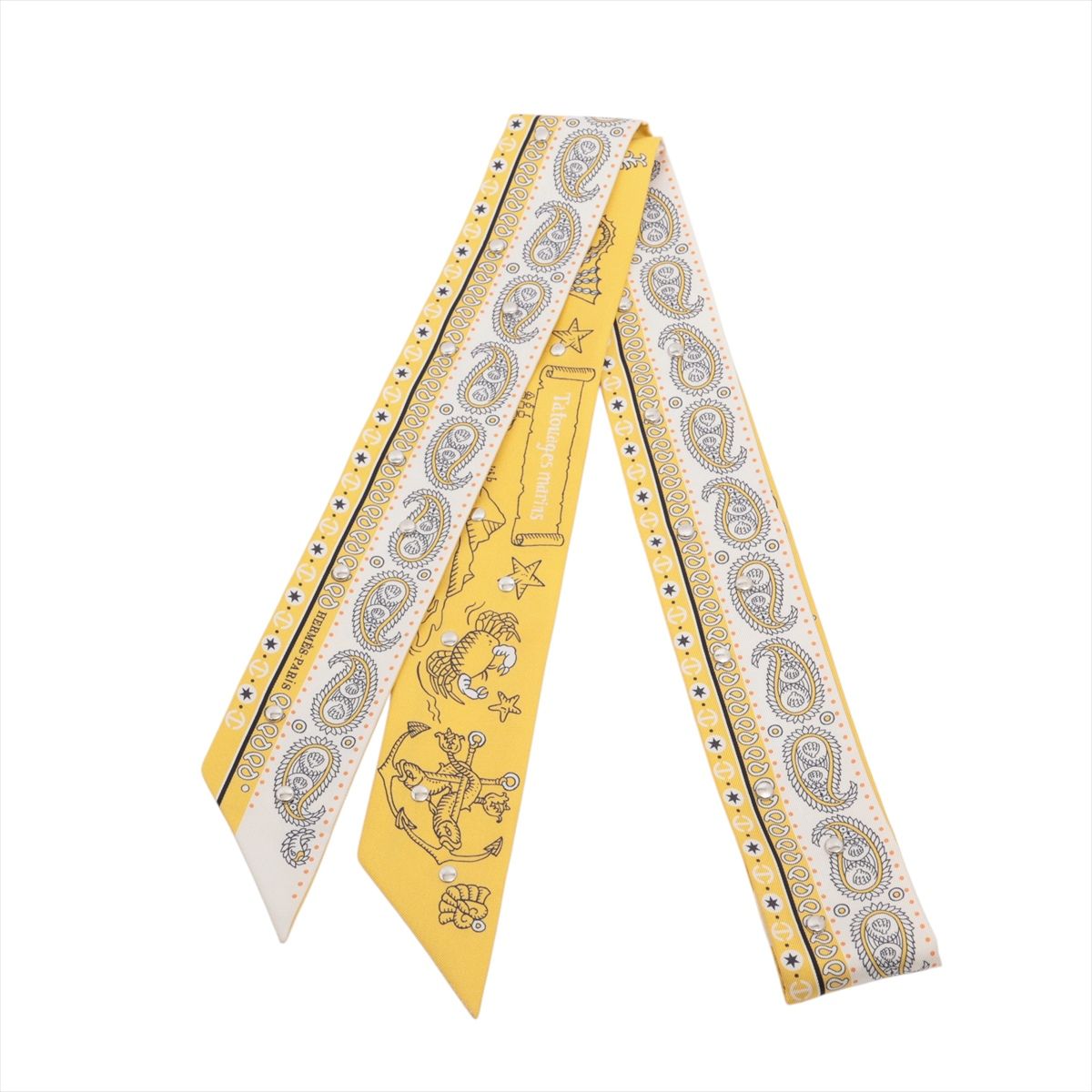【中古】エルメス リュバン クルーテ Tatouages Marins Bandana 乗り組み員のタトゥー バンダナ えり巻き 地絹 白いこと×ジョーヌ パイユ×黒いこと
