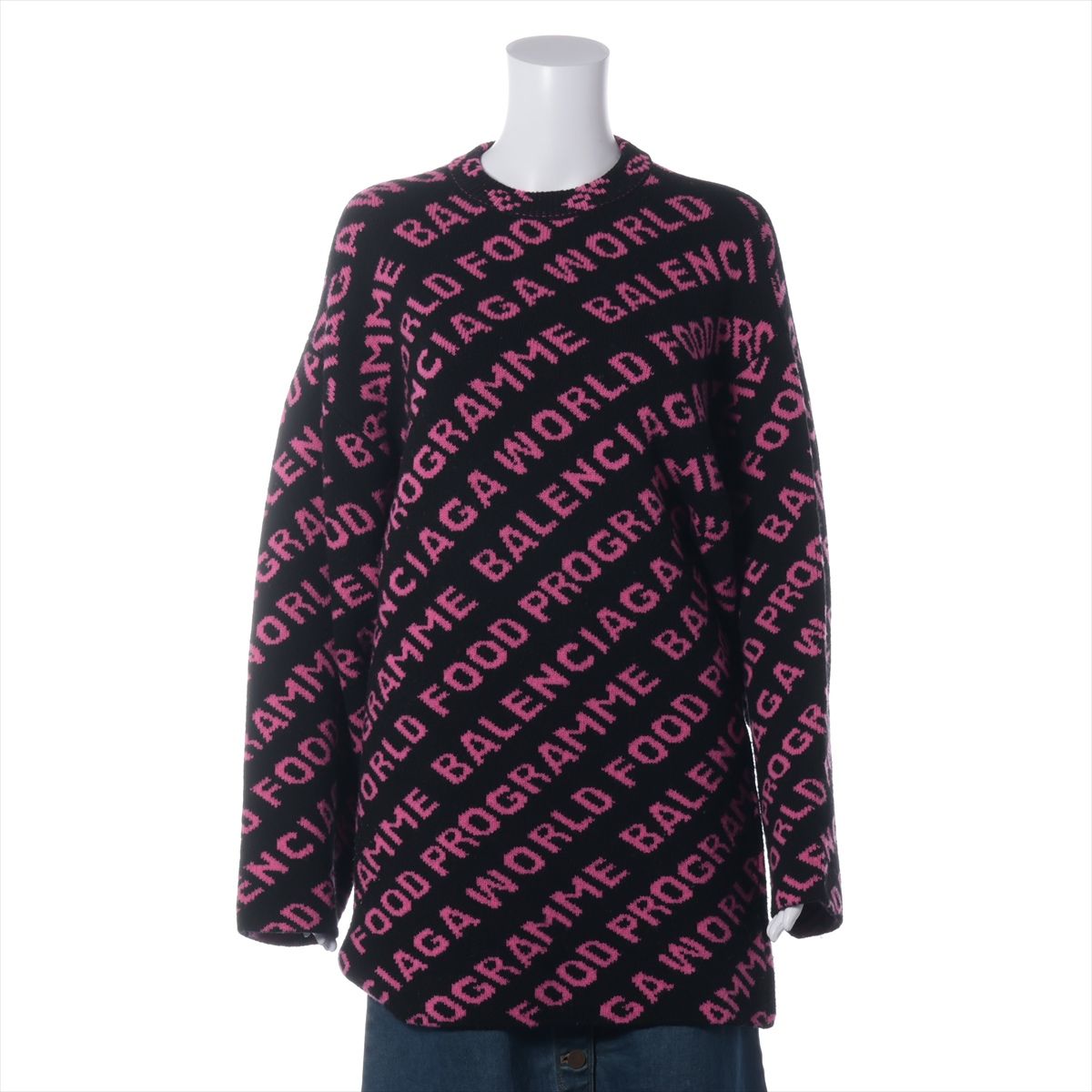 【中古】バレンシアガ 19年 羊毛×ポリエステル 編み物 XS レディース 黒いこと×さくら色  613619 ロゴタイプ総柄 総べて的的に毛玉 ブランド名曳き船ほつれ有