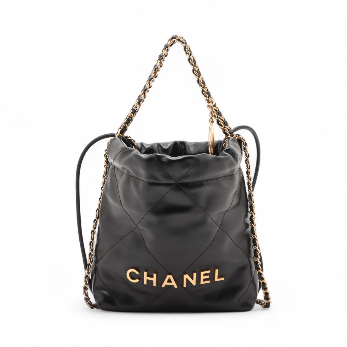 【中古】シャネル シャネル22ミニ シャイニーカーフスキン チェーン店ショルダーバッグ 黒いこと ゴールド金具 手当たり次第お皿 AS3980