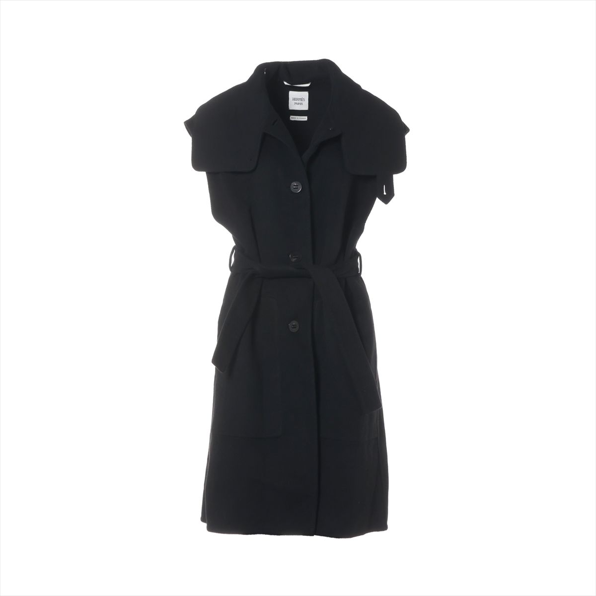 【中古】エルメス 20AW カシミール 限りない 36 レディース 黒いこと  07-7103 ロング限りない セリエボタン 胴締め付き添い人 ガーメント ハンガー付き添い人 毛羽立ち シワ有