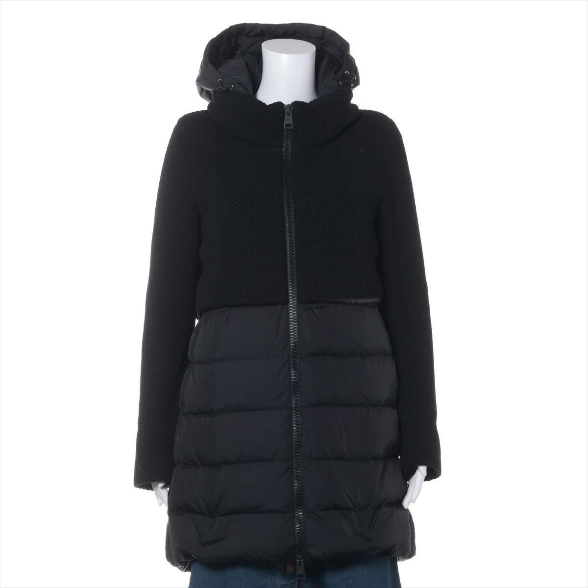 【中古】地獄ノ 羊毛×ナイロン 落ちこむ厚地の外套 44 レディース 黒いこと  PI0822D ボンネット取りはずし可 脇分け取りヤブレ 毛玉毛羽立ち 首回転運動ヨゴレ ジップべたつき有