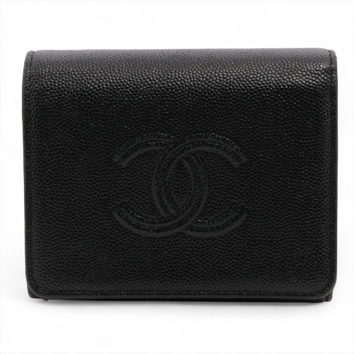 【中古】シャネル ココマーク キャビア人はだ コンパクトウォレット 黒いこと しろがね色金具 29番台