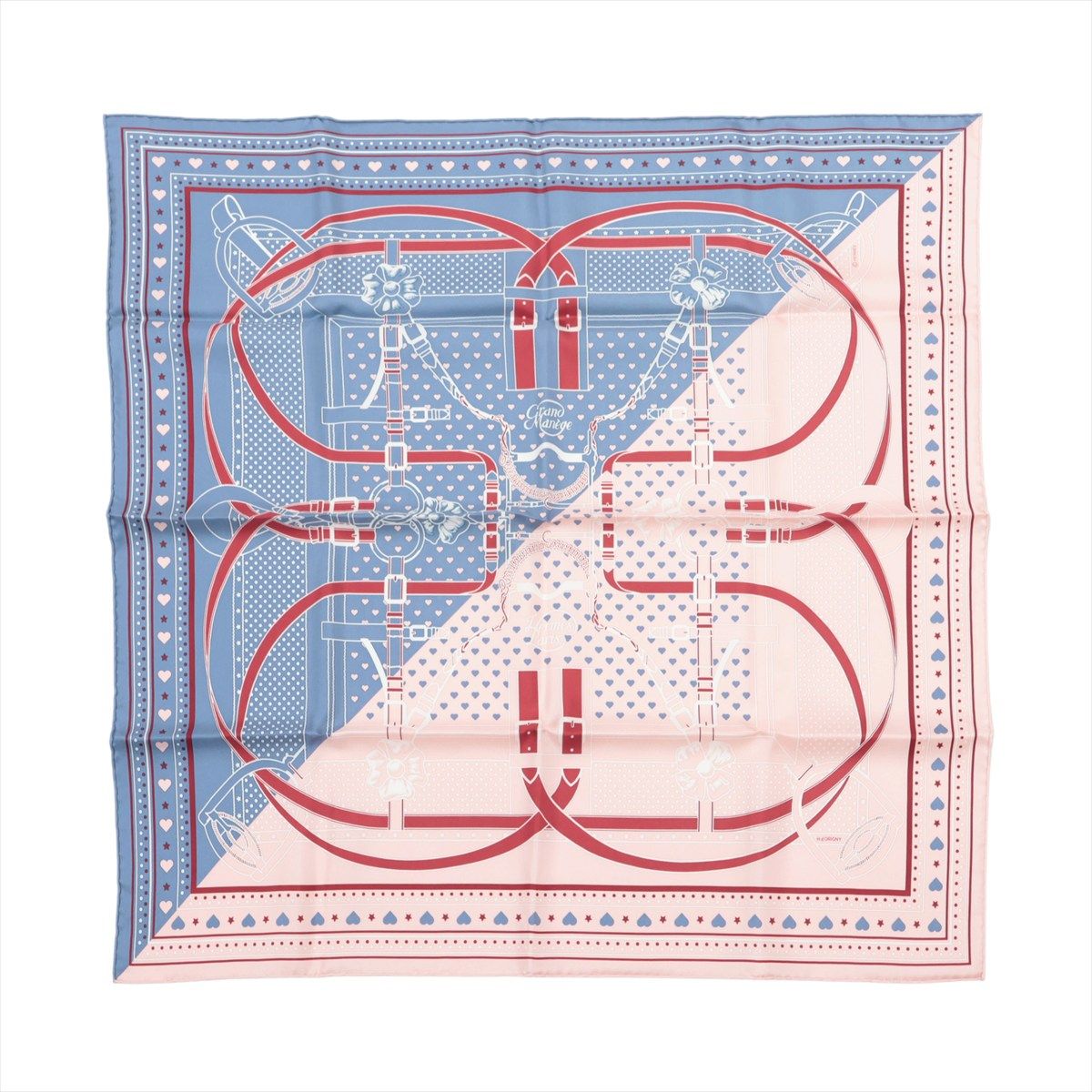 【中古】エルメス カレ70 Grand Manege Bandana Love えり巻き 絹地 青色×サクラ色