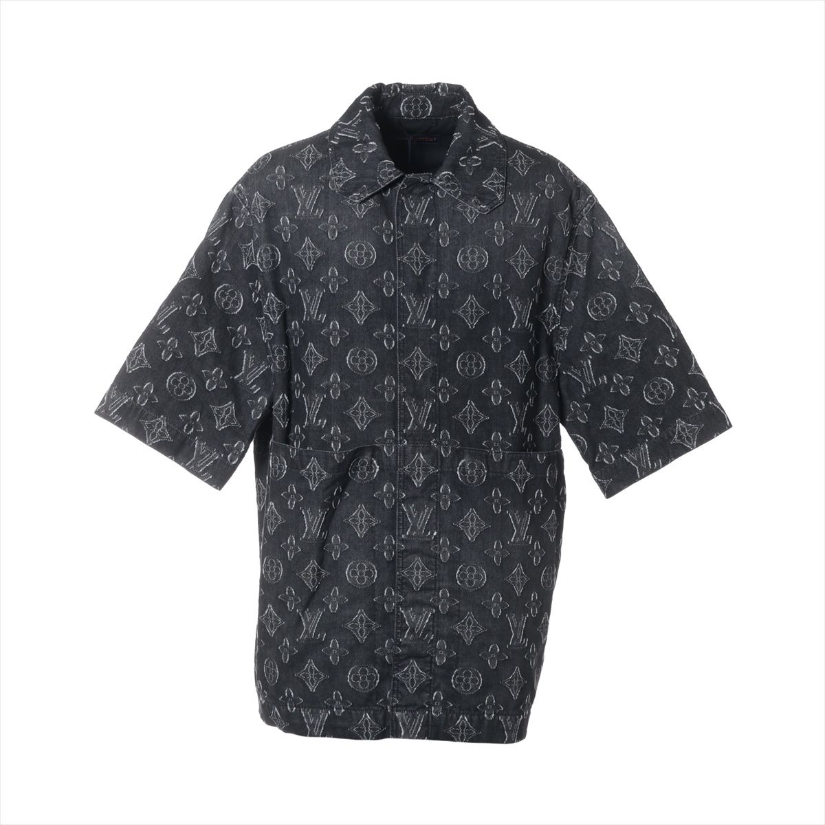 【中古】ヴィトン 23AW コットン デニムジャケット XL メンズ ブラック RM232 モノグラム ショートスリーブ ハンガー付き｜ALLU 店