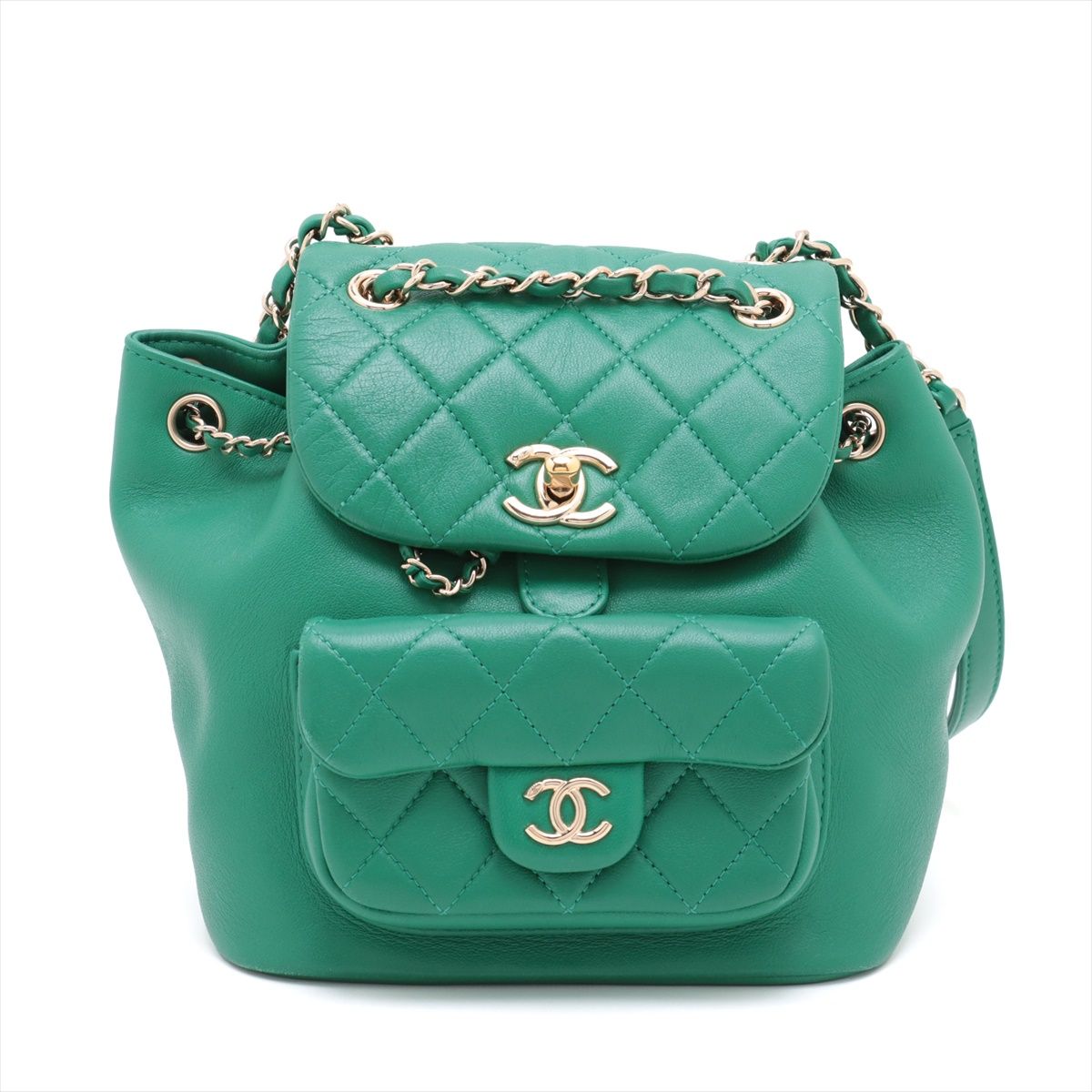 【中古】シャネル マトラッセ ラムスキン チェーンリュック グリーン ゴールド金具 AS2908