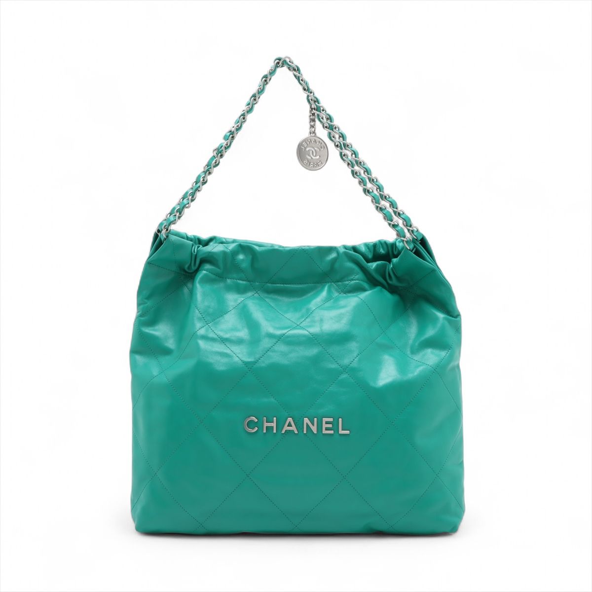 【中古】シャネル シャネル22 シャイニーカーフスキン チェーンショルダーバッグ グリーン シルバー金具 ランダムプレート AS3261
