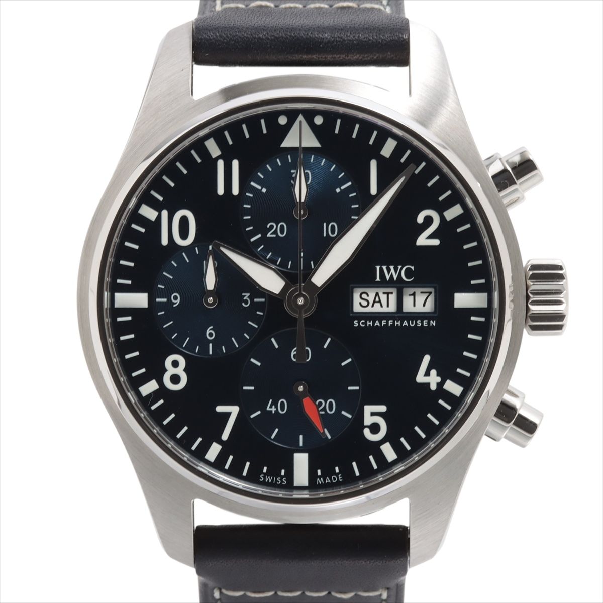 【中古】IWC パイロットウォッチ クロノグラフ 41 IW388101 SS SS×革 AT 青色文字記号盤 腕時計-メンズ腕時計