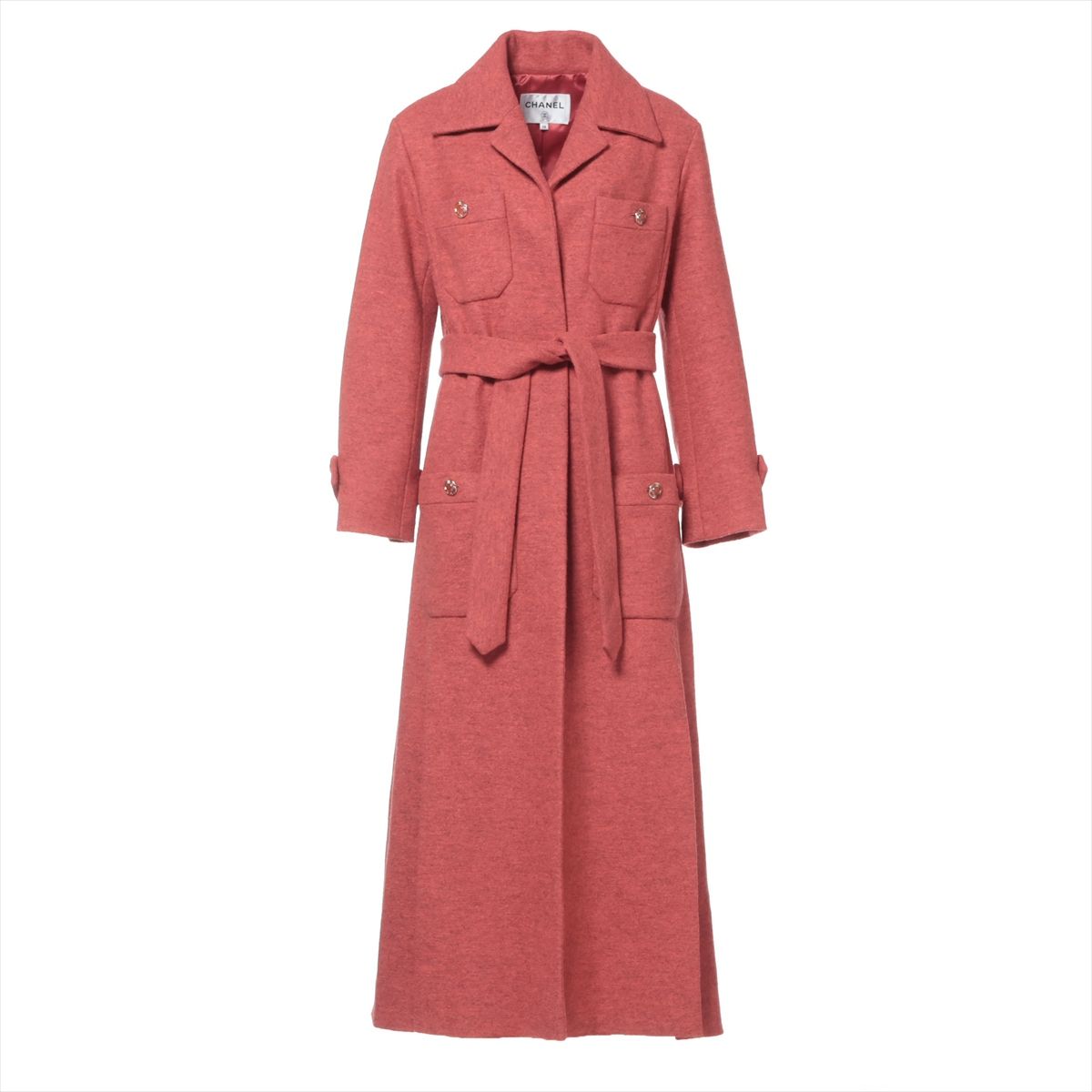 【中古】シャネル 24-25AW アルパカ×羊毛 ロング厚地の外套 38 レディース サクラ色  P78179V43205 三尺帯付き添い人 毛羽立ち 裏地ツレ有