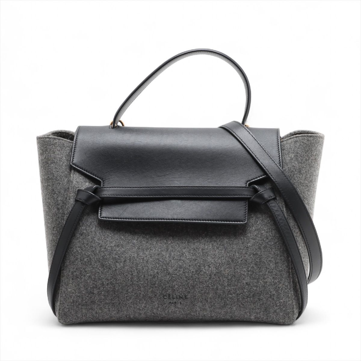 【中古】セリーヌ 三尺帯御徒面子 ミニ フェルト×なめし革 2WAYハンドバック 薄墨色×黒いこと