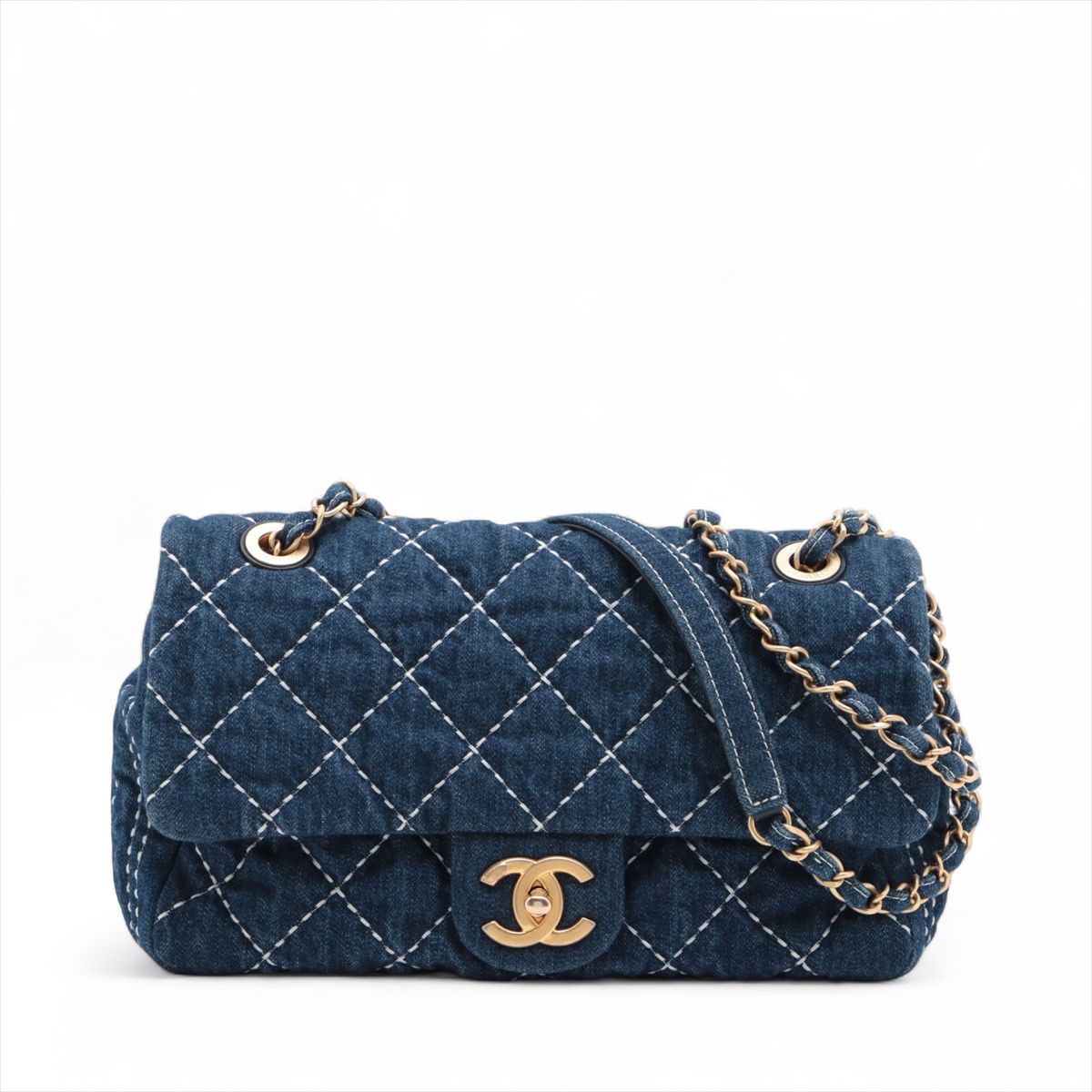 【中古】シャネル マトラッセ デニム シングルフラップ ダブルチェーンバッグ ネイビー ゴールド金具 29番台 AS1328｜ALLU 店