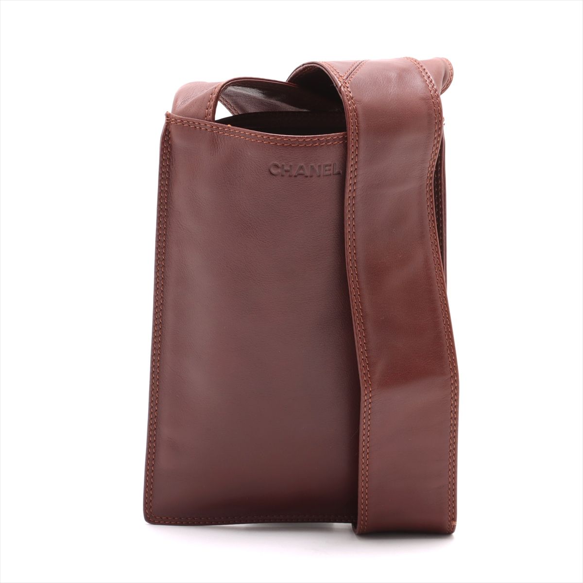 【中古】シャネル ロゴ ラムスキン ショルダーバッグ ブラウン ブラック金具 5番台