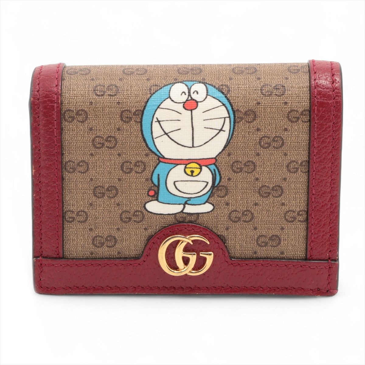 【中古】グッチ×ドラえもん GGスプリーム 647788 PVC×なめし革 コンパクトウォレット 赤銅色×赤いこと