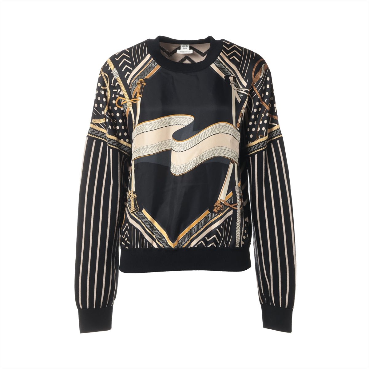 【中古】エルメス 23AW 羊毛×地絹 カットソー 38 レディース 黒いこと×ベージュ  37-7757 3H2826D9 Poste aux Lettres ツイルレーヌ 編み物うつり変わり