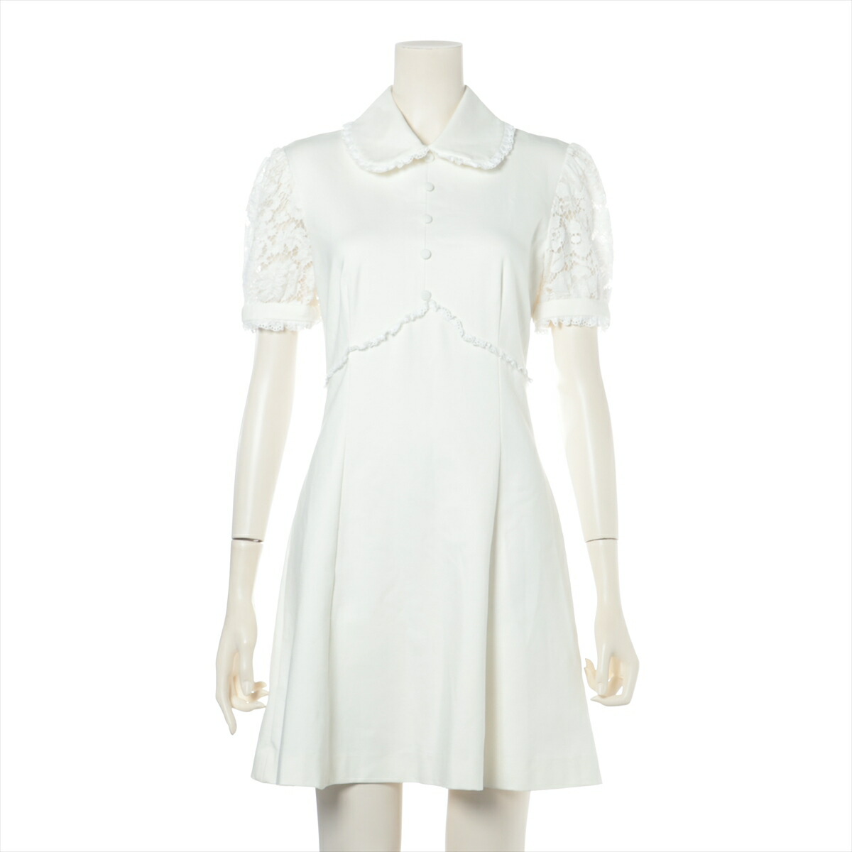 美品✨ミュウミュウ フリルデザイン ノースリーブフレアワンピース ホワイト ケミカルレースミディアムドレス/山崎みどり - カラードレス