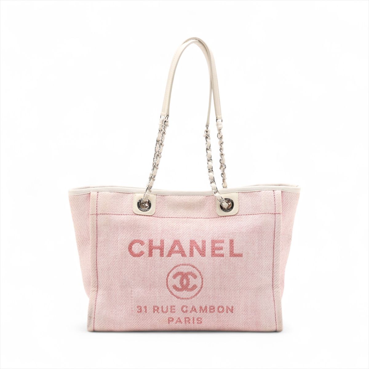 【中古】シャネル ドーヴィルMM ラフィア×レザー チェーントートバッグ ピンク×ホワイト シルバー金具 18番台
