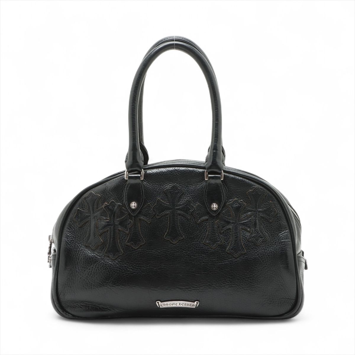 【中古】クロムハーツ 体育館御徒面子 ハンドバック なめし革 黒いこと×しろがね色 スモール 付け届け型CH惹き付ける付