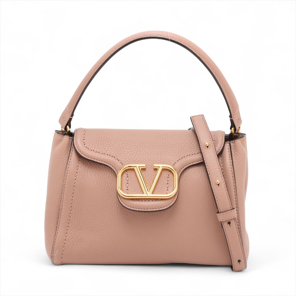 【中古】ヴァレンティノガラヴァーニ Vロゴタイプ なめし革 2WAYショルダーバッグ さくら色ベージュ