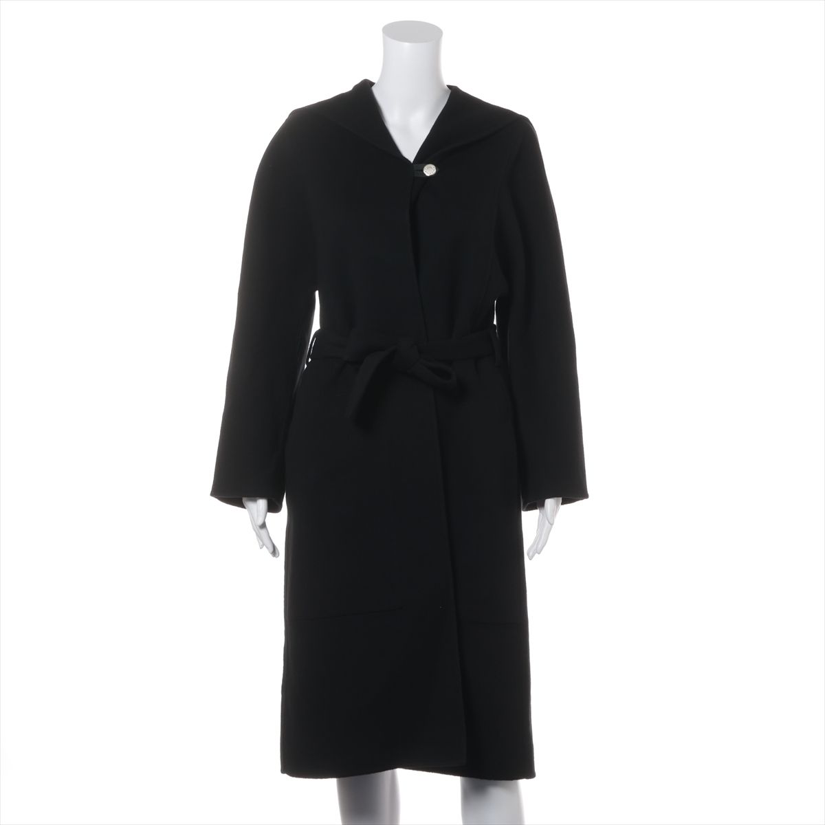 【中古】エルメス カシミール 厚地の外套 36 レディース 黒いこと  17-7100 セリエボタン 三尺帯付 虫食い殆んどあり