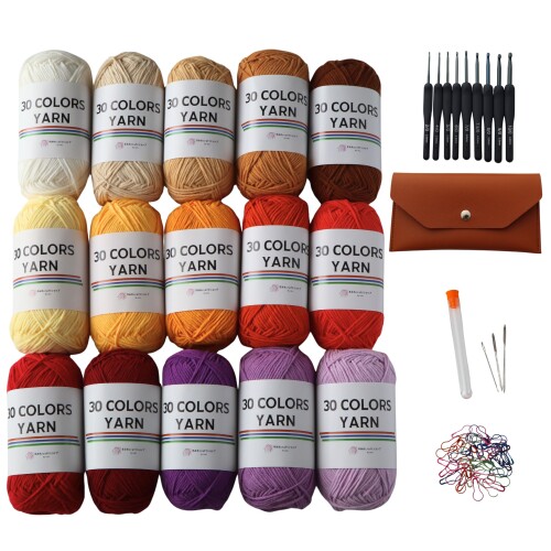 すみれcraftショップ 「30 COLORS YARN」 コットン アクリル 毛糸 一玉約50g 120m 15玉大容量セット とじ針、段数マーカー、かぎ針セット 編み物 あみぐるみ モチーフ編み 15色セット(1-15 かぎ針