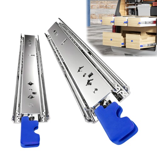 スライドレール 工業用スライド 超重量ロック付き 幅76 600mm 3段引き ローラータイプ 最大耐荷300kg ステンレス 屋外仕様 車、荷台、棚改造用 左右1セット (幅76-600mm)｜アルメリアセカンドストア