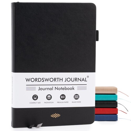 Wordsworth & Black A5 罫線入りジャーナル 216ページ ハードカバーレザー 120GSM用紙 仕事やスケッチに使えるジャーナリングノート 女性・男性向けジャーナル ギフトボックス付き ブラック