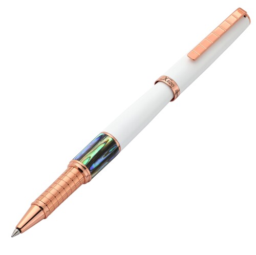 Xezo Speed Master ファイン ローラーボールペン。マットな白い仕上げにパウアアバロン（P?ua Abalone）の海貝を使ったデザイン。ローズゴールドメッキの真鍮製。軽量なボディ。｜アルメリアセカンドストア