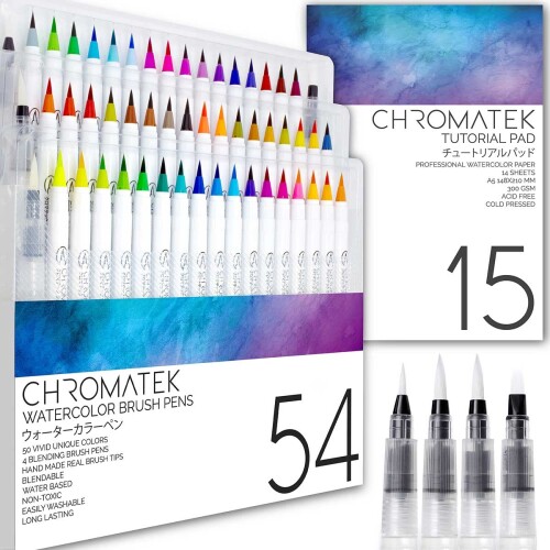 Chromatek (クロマテック) 54色のウォーターカラーペンと15ページのパッド 本物の筆のペン。 ブレンド用ブラシ4本。 簡単にブレンドできます。 色鮮やか。 なめらか。 ユニークな50色。 プ