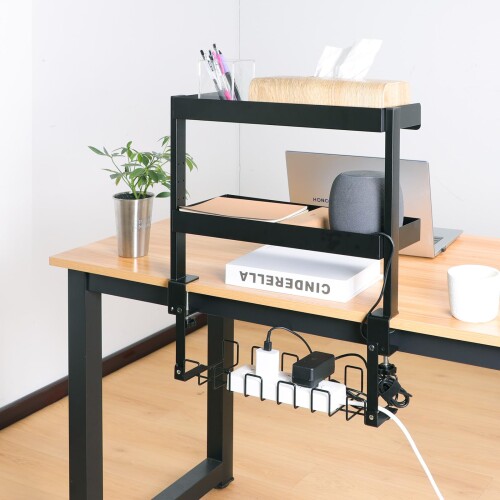 ZPAI 机上ラック クランプ式 卓上ラック 三段 デスク収納ラック デスク棚 幅46cm 内向き/外向きOK 机上棚 後付け ケーブル収納 配線整理 フック式組立 高さ調整 工具不要 小物整理 ケーブル