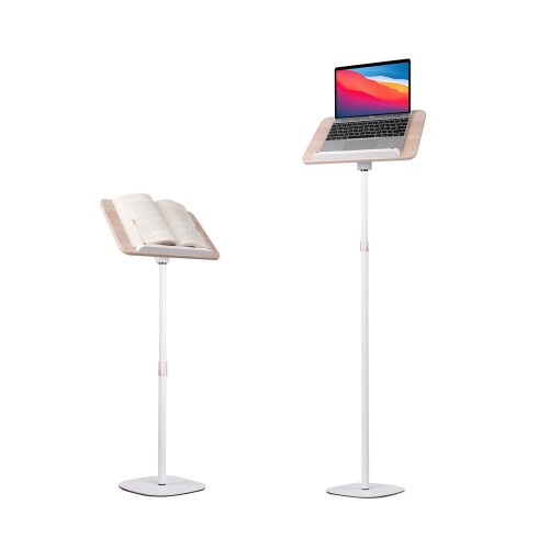 POLESTO 読書用ブックスタンド 54cm-130cm昇降式 サイドテーブル角度調整 金属構造 台座 しっかり安定性 木製パッド付き ノートパソコン、料理本、製図板、譜面台、タブレット用のハンズフ