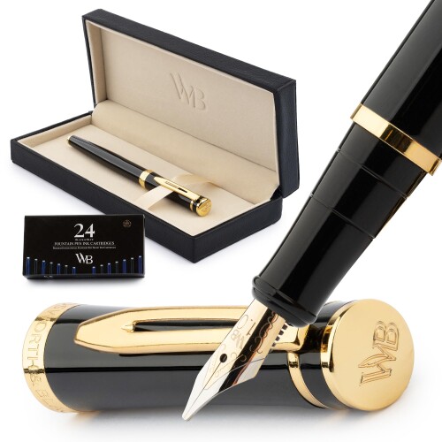 Wordsworth \u0026 Black Fountain Pen Set, 18K Glided Broad Nib, Includes 24 Pack Ink Cartridges, Ink Refill Converter \u0026 Gift Box, Gold Finish, Calligraphy, (Black Gold), Perfect for Men \u0026 Women