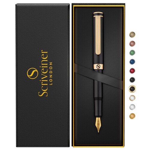 Scriveiner 高級 EDC 万年筆（細字） 華やか マットブラック ポケット ペン クローム仕上げ Schmidt ドイツ製ペン先 コンバーター 最高のライティングペン ギフトセット 男性用 女性用 素敵 お