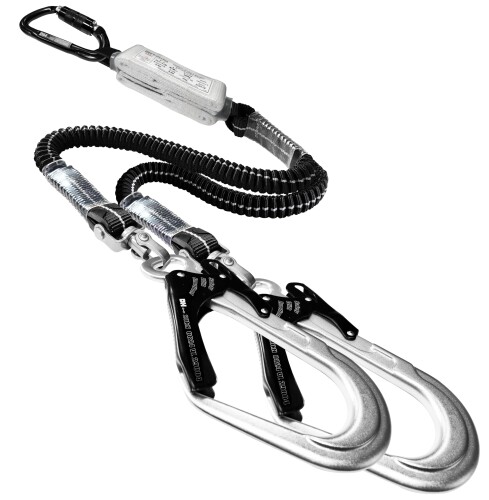 (DH PROTECTION)  軽量 伸縮ランヤード ダブル 2丁掛け 1種 100kg以下 フルハーネス用 蛇腹ランヤード 墜落制止用器具 安全帯 2丁 アルミ 360度回転 フック アルミ自動ロック カラビナ 小型ショ