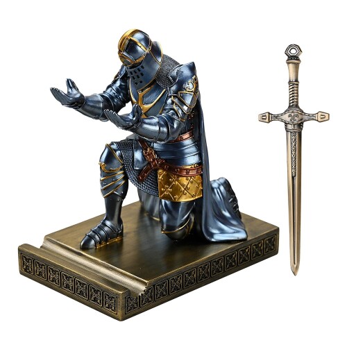 HDMbigmi King's Guard Leader Cloak Warrior Knight Pen Holder Mobile Phone Stand, Ornament Knight Statue, Pen Stand Paperweight with a Metal Sword Letter Opener for Office and Home (Blue) 6,499円