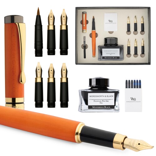 Wordsworth \u0026 Black Calligraphy Pen Gift Set, インキ瓶、6個のインキ薬莢、インキ変換器、6個の取り替えっこニブ、御前上等竹、ジャーナリング、書き味円転自在な書き込み (桜んぼう白木)