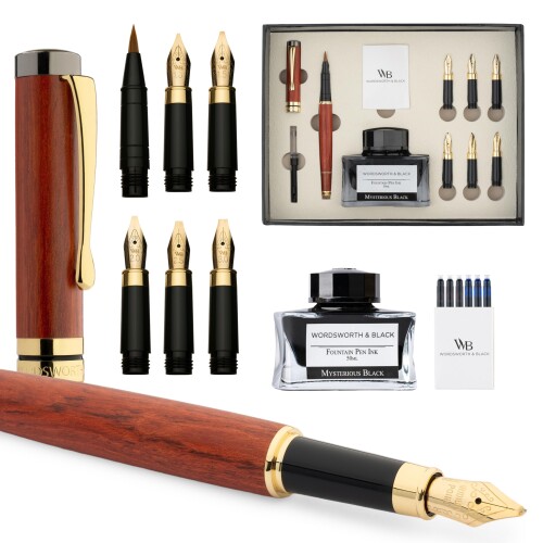 Wordsworth \u0026 Black Calligraphy Pen Gift Set, インキ瓶、6個のインキ薬莢、インキ変換器、6個の取り替えっこニブ、御前上等竹、ジャーナリング、書き味円転自在な書き込み (さくら色白木)
