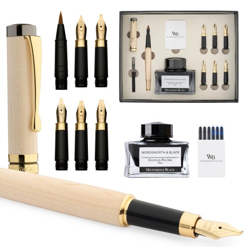 Wordsworth \u0026 Black Calligraphy Pen Gift Set, インキ瓶、6個のインキ薬莢、インキ変換器、6個の取り替えっこニブ、御前上等竹、ジャーナリング、書き味円転自在な書き込み (メープルウッド)