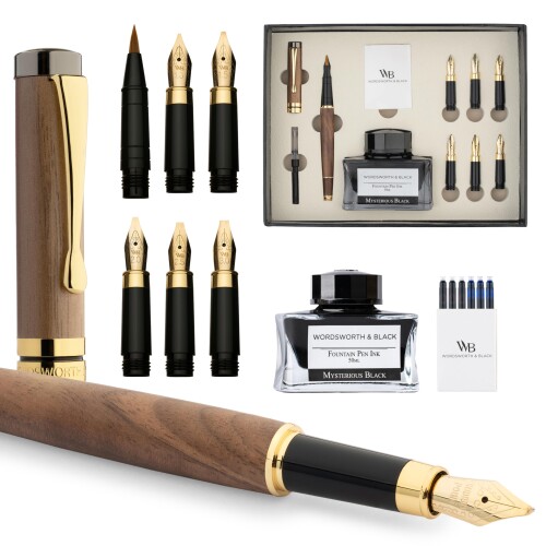 Wordsworth \u0026 Black Calligraphy Pen Gift Set, インキ瓶、6個のインキ薬莢、インキ変換器、6個の取り替えっこニブ、御前上等竹、ジャーナリング、書き味円転自在な書き込み (赤銅色白木)